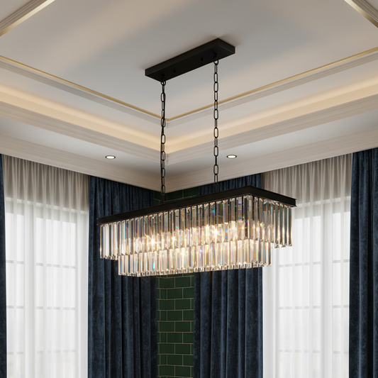 Modern Black Tiered Crystal Rectangle Chandelier