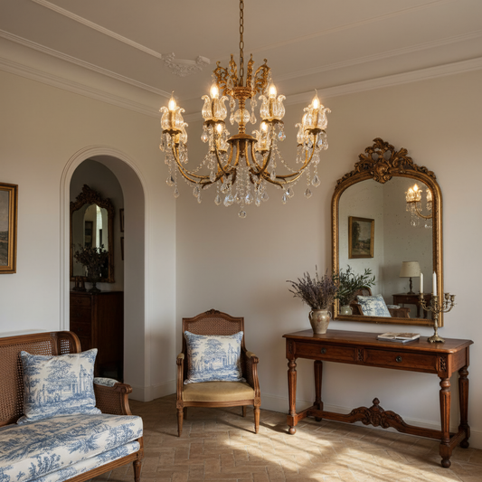 Vintage Brass French Branch Candlestick Crystal Adjustable Chandelier