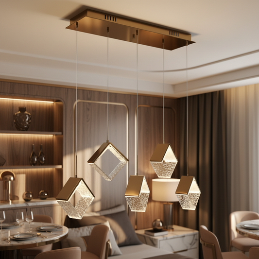 Modern Gold Square Loop Clear Hammered Glass LED Chandelier