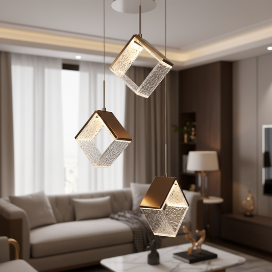 Modern Gold Square Loop Clear Hammered Glass LED Chandelier
