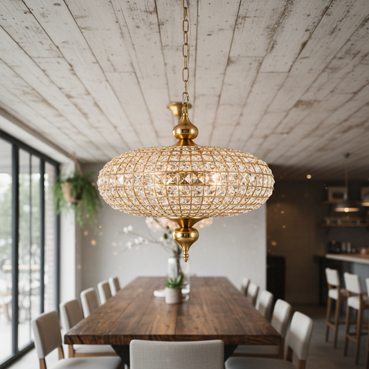 Vintage French Empire Luxury Gold Crystal Bead Chandelier