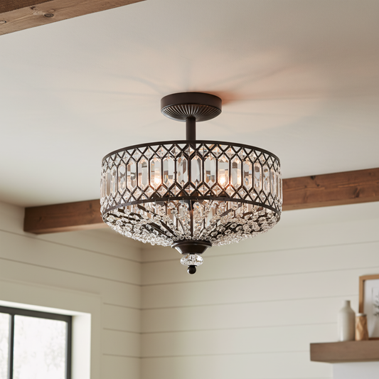 Vintage Conical Drum Crystal Semi Flush Chandelier