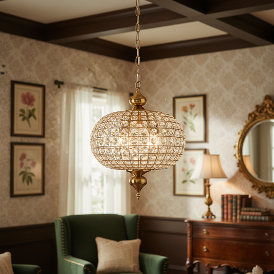 Vintage French Empire Luxury Gold Crystal Bead Chandelier