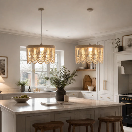 Boho Draped Wooden Cottage Beaded Chandelier
