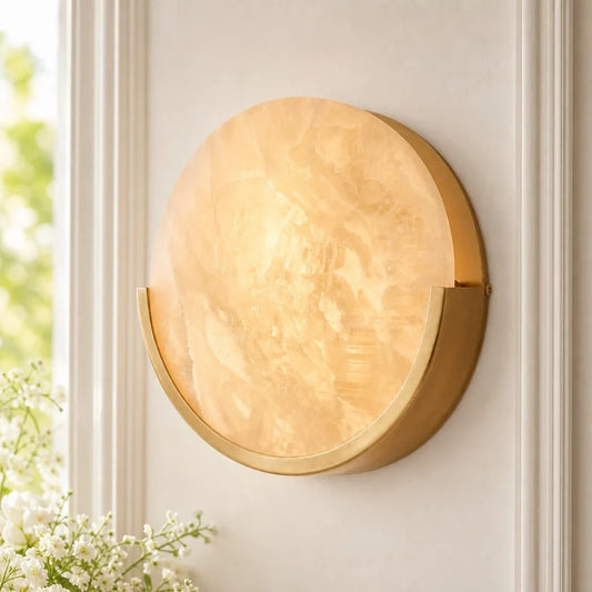 Contemporary Round Alabaster Wall Sconce In Antiqued Brass