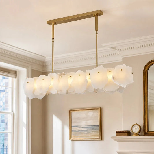 Contemporary Luxury Sculptural White Layered Alabaster Chandelier