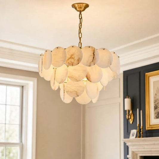 Elegant Brass & Alabaster Shell Multi-Layer Chandelier