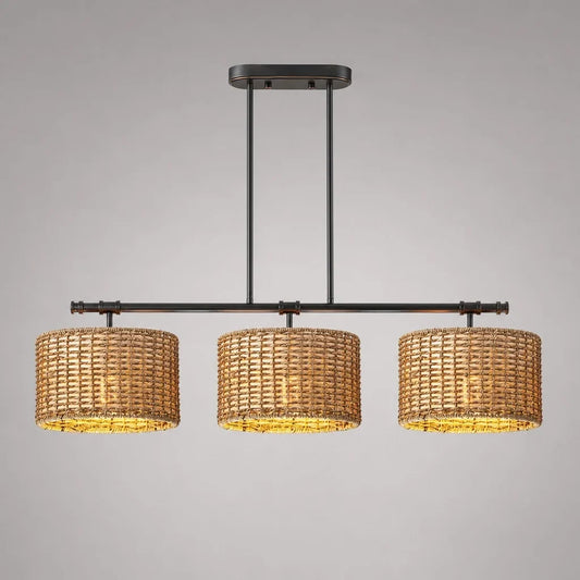 Ellen Farmhouse Rattan Dimmable Drum Chandelier