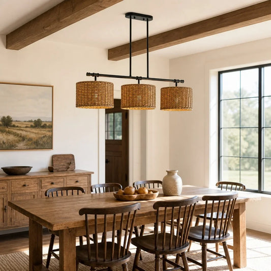 Ellen Farmhouse Rattan Dimmable Drum Chandelier