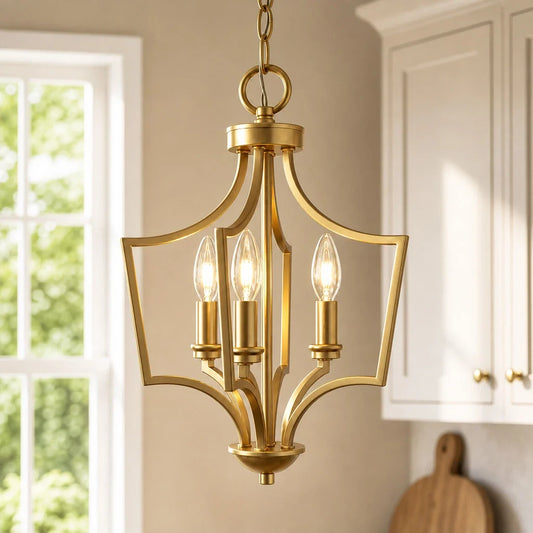 Mid-century Farmhouse Gold 3-Light Lantern Chandelier for Kitchen Island