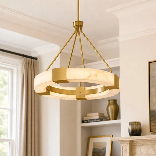 Modern Gold LED Ring Chandelier with Alabaster Shade