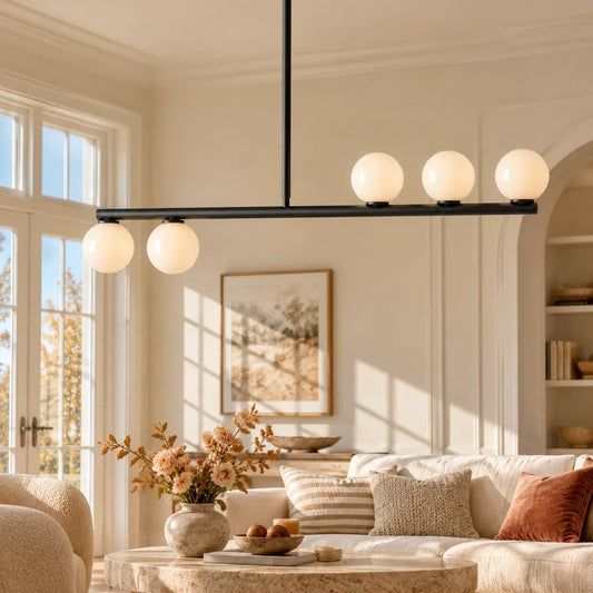 Modern Brass Opal Glass Globe Linear Chandelier