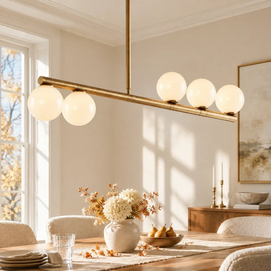Modern Brass Opal Glass Globe Linear Chandelier
