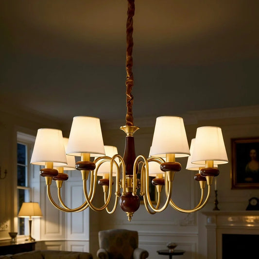 Vintage Multi-Tier Brass & Walnut Fabric Chandelier
