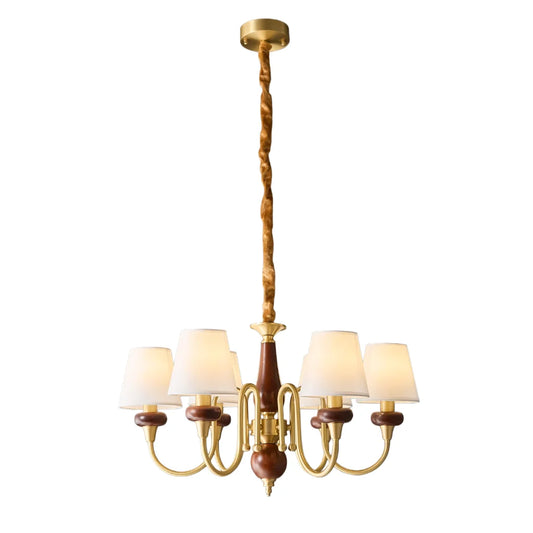 Vintage Multi-Tier Brass & Walnut Fabric Chandelier