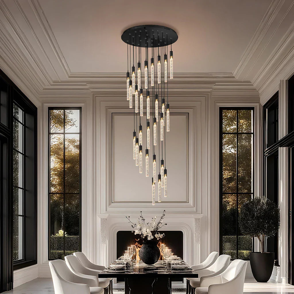 Elevate Your Grand Space with the Modern Crystal Bubble Column Tassel Chandelier: A Masterpiece of Light and Luxury
