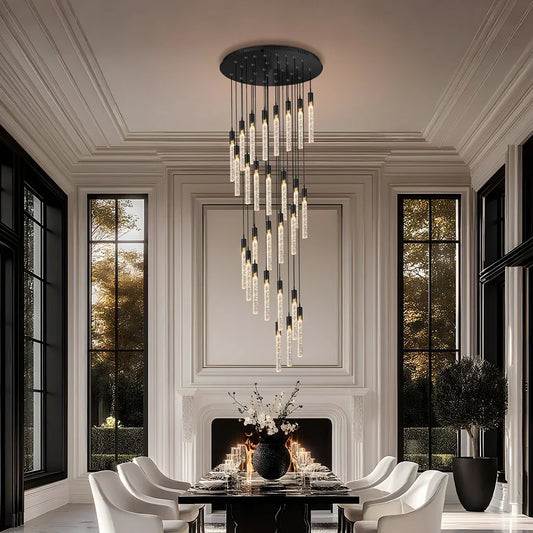 Elevate Your Grand Space with the Modern Crystal Bubble Column Tassel Chandelier: A Masterpiece of Light and Luxury