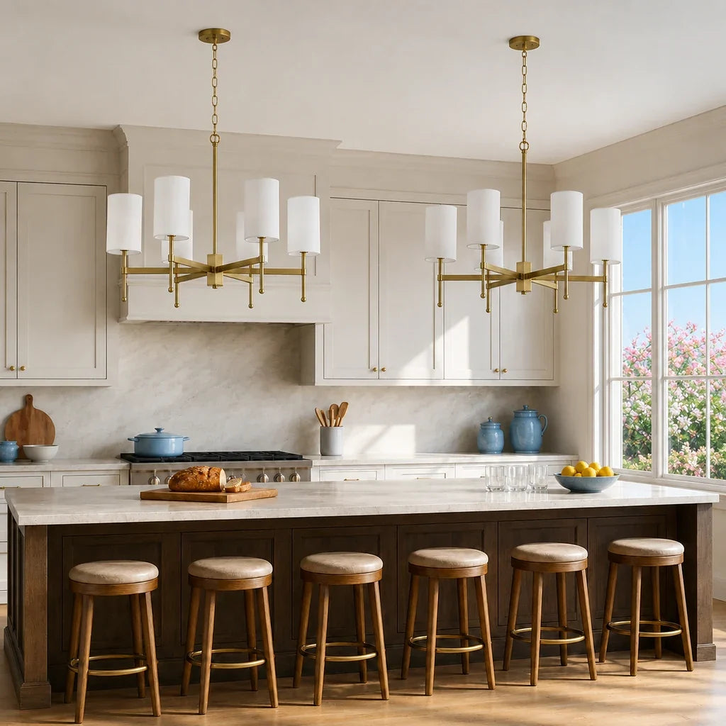 Pair of 6-light Aster brass chandeliers over a sunlit kitchen island