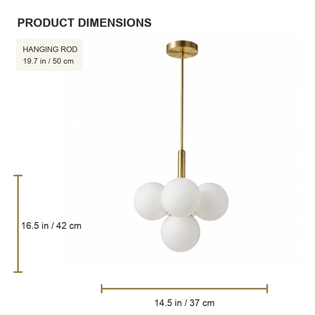 Elara compact chandelier dimensions: 14.5 in diameter, 16.5 in high, 19.7 in hanging rod