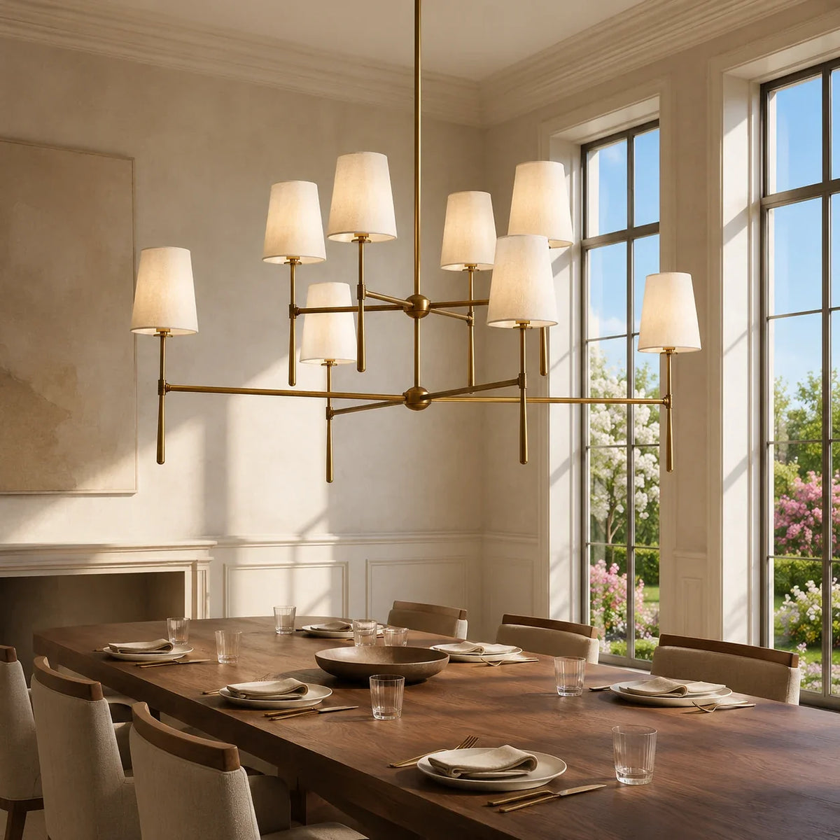 Brass eight-light two-tier chandelier above a grand walnut dining table