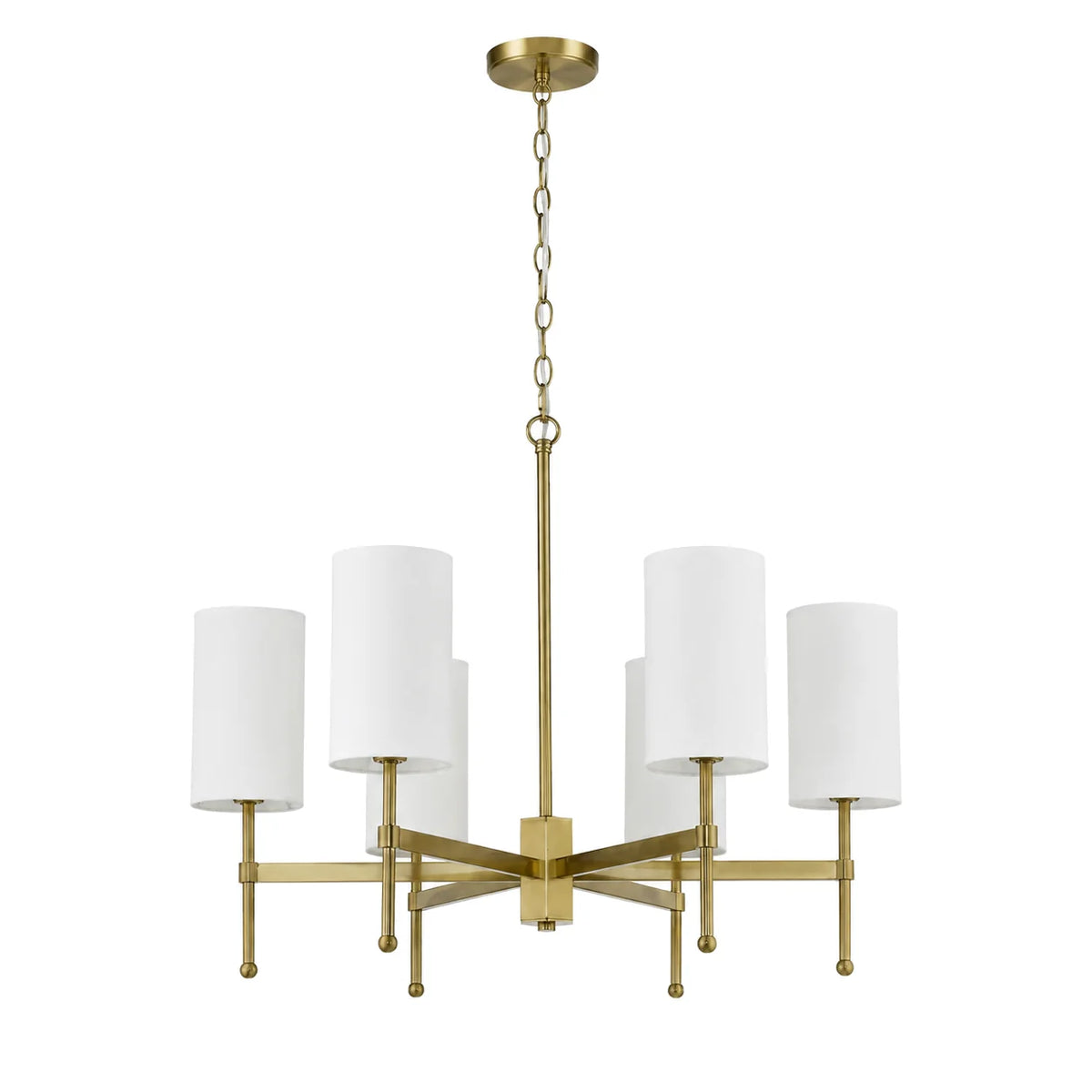 6-light Aster brass chandelier with white fabric shades on a pure white background