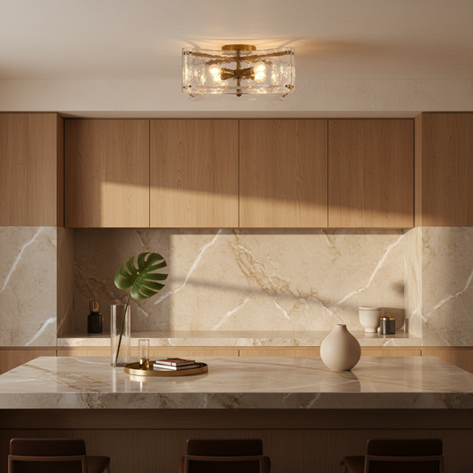 Modern Brass Clear Rippled Glass Flush Mount Light