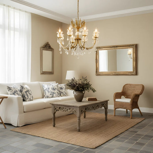 Vintage Brass French Branch Candlestick Crystal Adjustable Chandelier