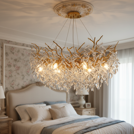 Modern Led Branch Gold Leaf Crystal Chandelier