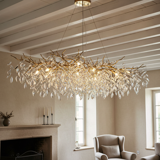 Modern Led Branch Gold Leaf Crystal Chandelier
