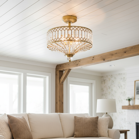 Vintage Conical Drum Crystal Semi Flush Chandelier