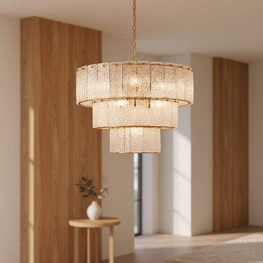 Modern 3 tier Clear Textured Glass Panel Chandelier