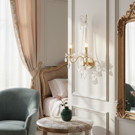 Elegant French Luxury Retro Palace Crystal Pearls Ornate Wall Lamp