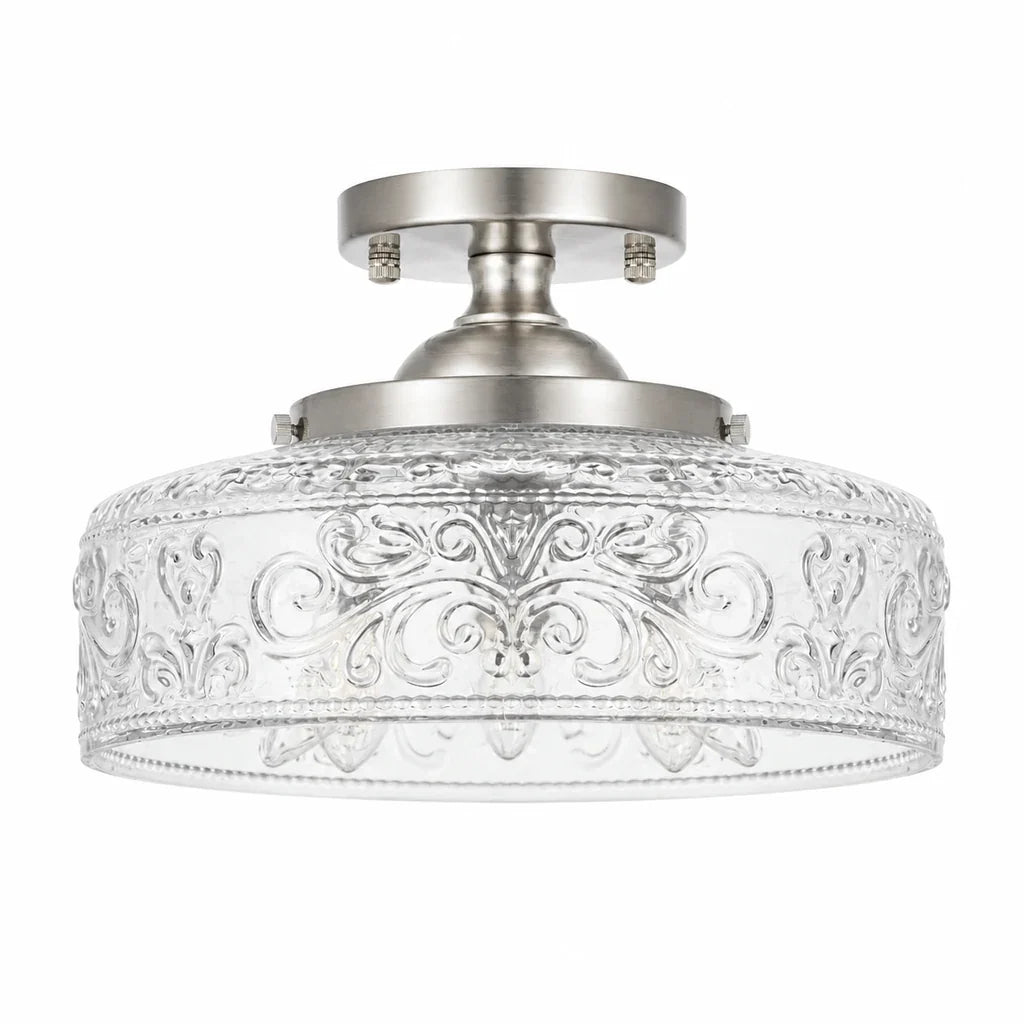 Rosalie brushed nickel etched clear glass semi flush ceiling light on white