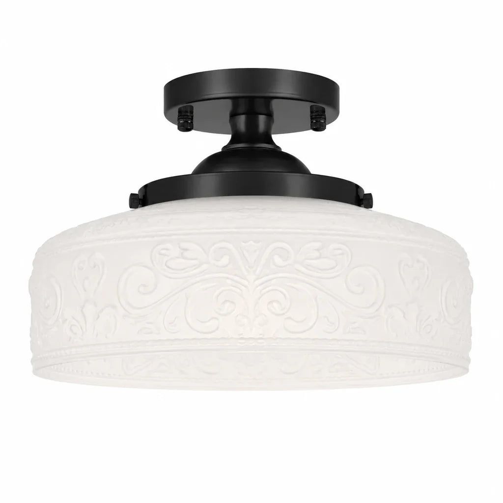 Rosalie black and milky white embossed glass semi flush ceiling light on white