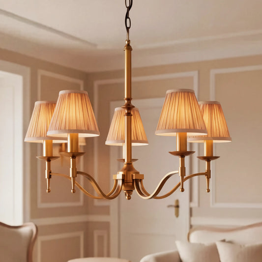 Modern Brass Beige Fabric Lampshade Five-Light Pendant Light