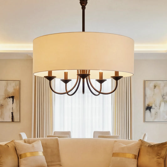 Modern 5-Light Fabric Drum-Shaped Pendant Light