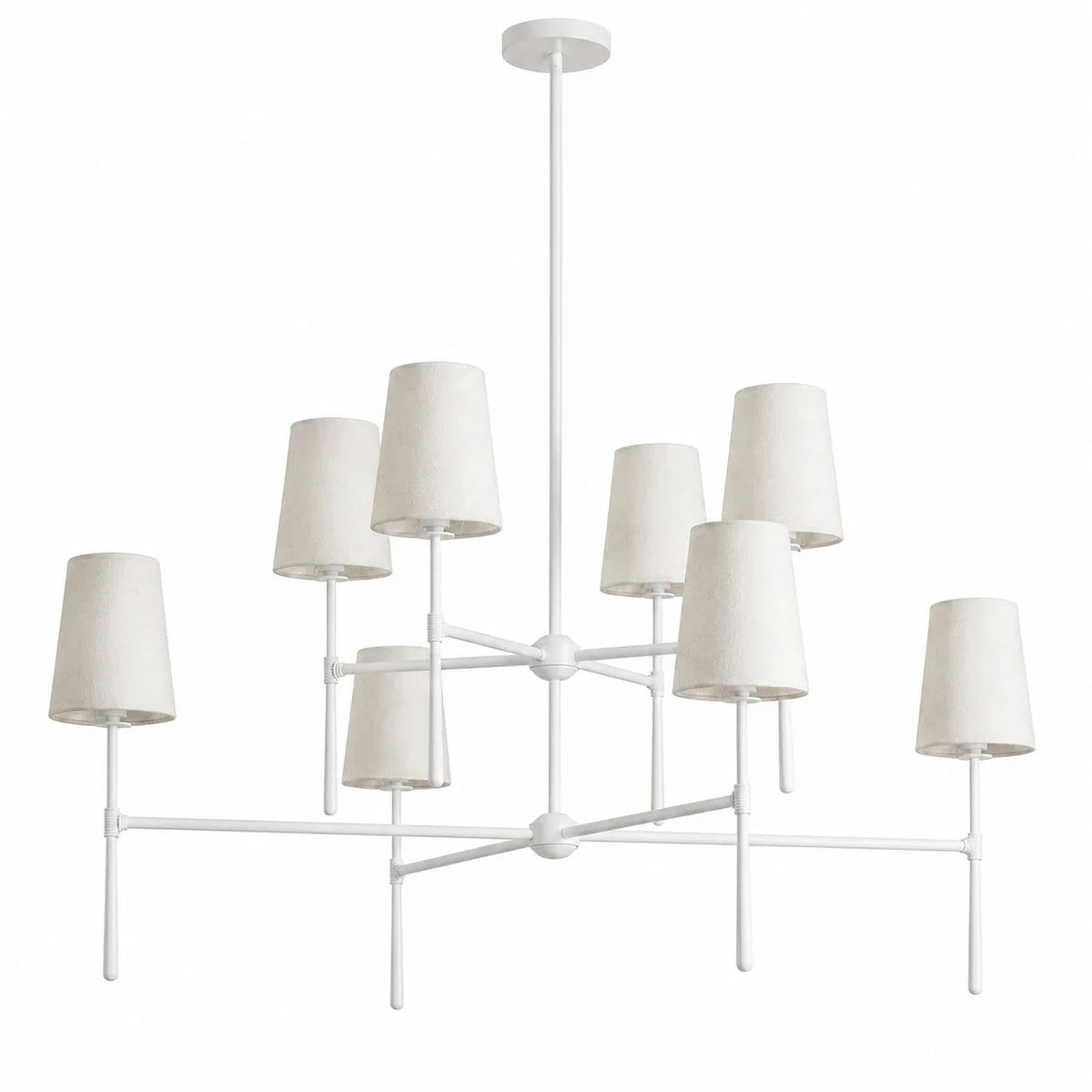 White eight-light 4+4 two-tier Thalen chandelier on a white background