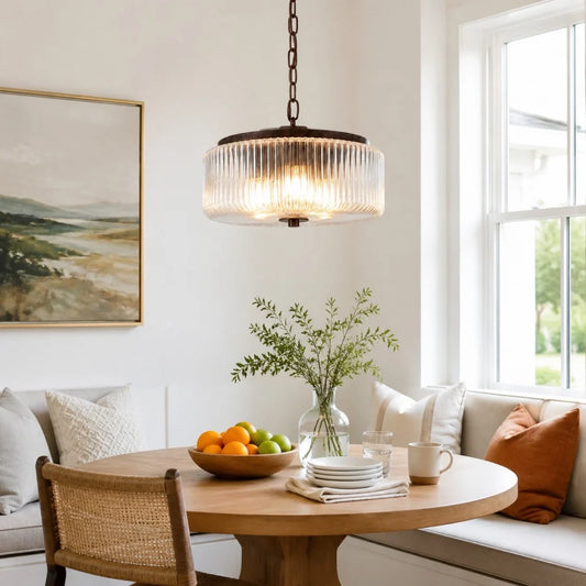 Maya Farmhouse Ribbed Glass Drum Pendant Light