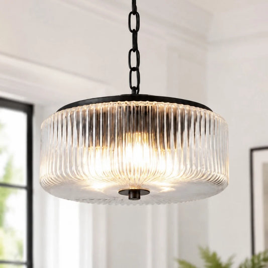 Maya Farmhouse Ribbed Glass Drum Pendant Light