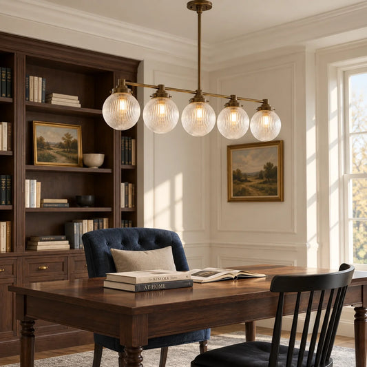 Alden Vintage Brass Ribbed Glass Globe Linear Chandelier
