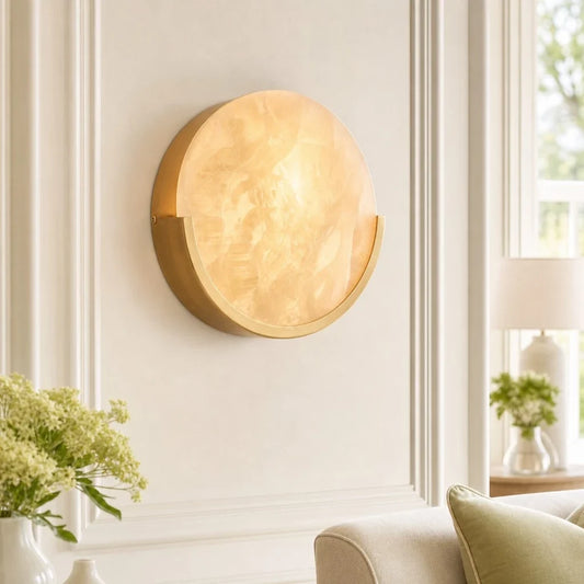 Contemporary Round  Alabaster Wall Sconce In Antiqued Brass