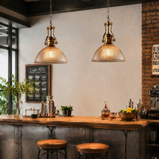 Hugia Farmhouse Industrial Striped Glass Bowl-Shaped Pendant Light