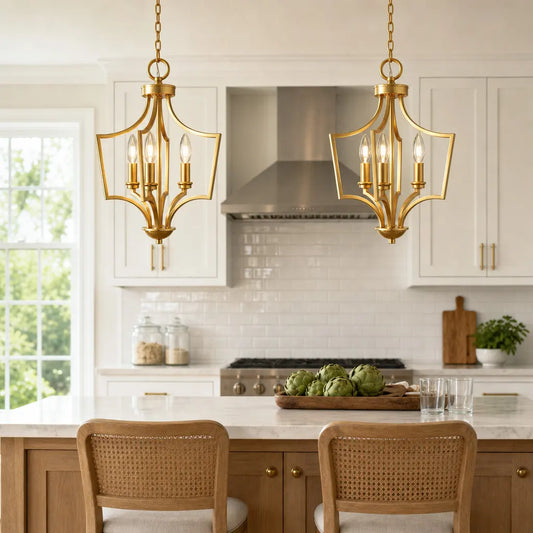 Mid-century Farmhouse Gold 3-Light Lantern Chandelier for Kitchen Island