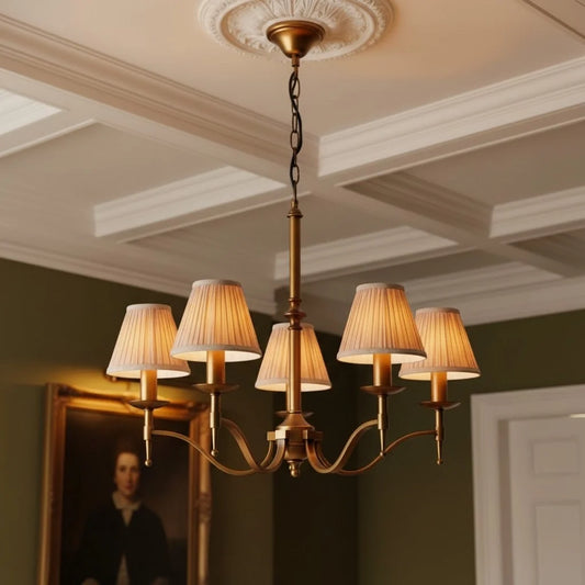 Modern Brass Beige Fabric Lampshade Five-Light Pendant Light