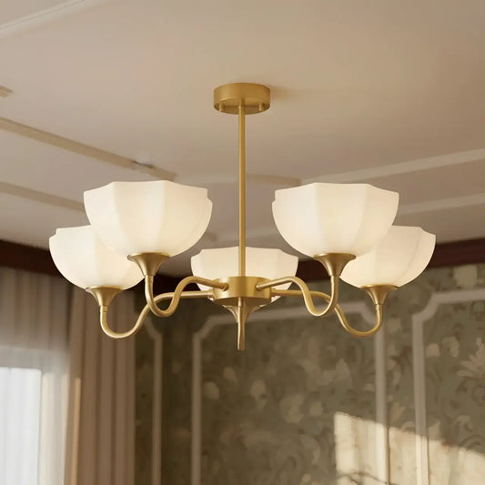 Modern Flower Glass Curved Brass Chandelier