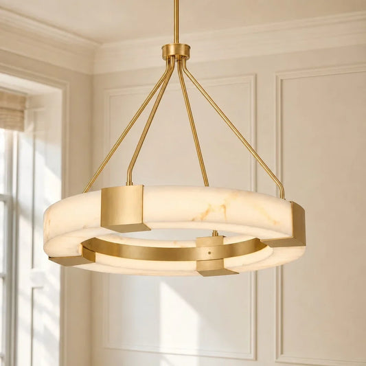 Modern Gold LED Ring Chandelier with Alabaster Shade