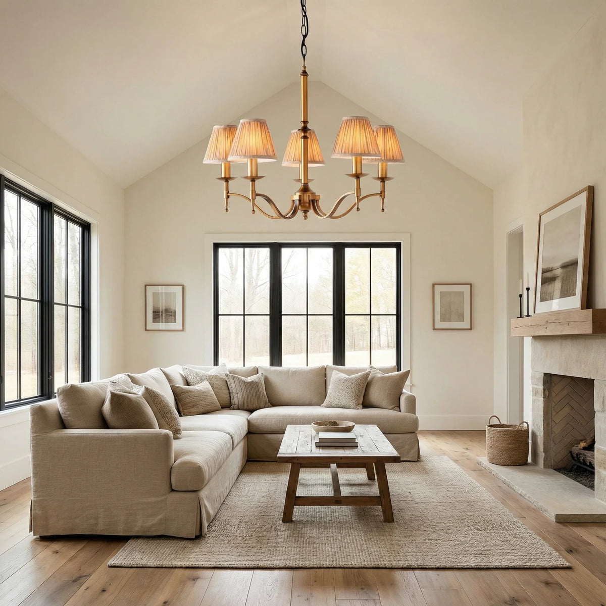Modern Brass Beige Lampshade Five-Light Pendant Light.webp__PID:0e750daa-057a-4202-8de0-e57581f7817c