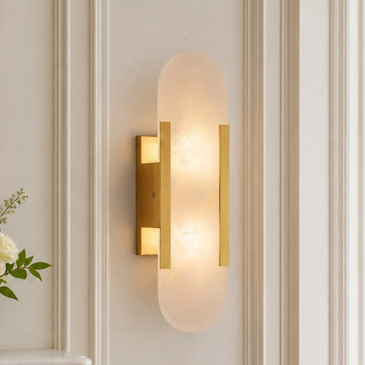 Modern Melange Elongated Geometric Alabaster Brass Wall Lamp