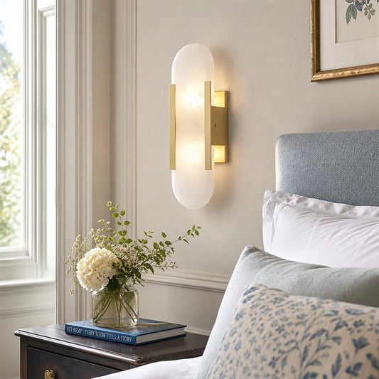Modern Melange Elongated Geometric Alabaster Brass Wall Lamp