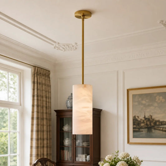 Nordic Hand Carved Alabaster Cylinder Pendant Light